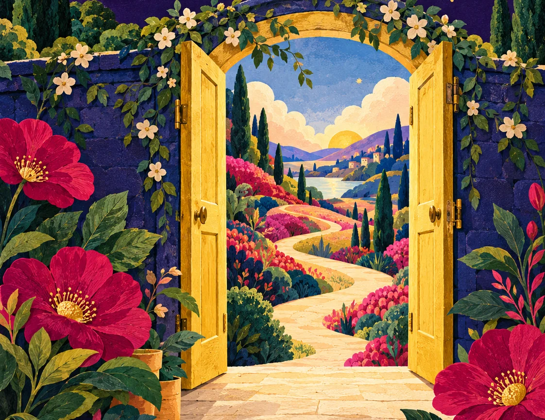 Illustration of a garden wall covered in vines and raspberry flowers, with golden gates open onto a winding path through blooming hills.