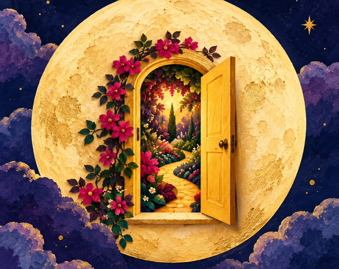 Illustration of a full golden moon among purple clouds, with a small arched door open in its surface and raspberry flowers climbing the frame.